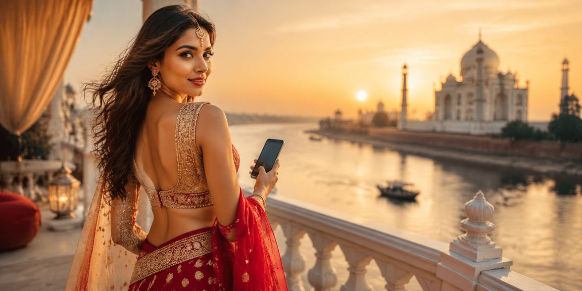 Mobile payment concept with Taj Mahal and Bollywood theme